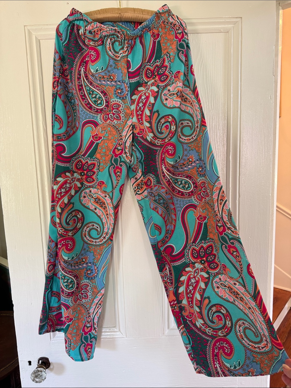 SHEIN Turquoise Paisley Wide Leg Pants with Pink & Orange Accents M EUC